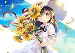  black_ribbon blue_sky blush brown_hair cloud cloudy_sky commentary_request day dress flower green_eyes hat holding holding_flower kuga_tsukasa long_hair looking_at_viewer neck_ribbon one_eye_closed original outdoors parted_lips petals ribbon sailor_collar short_sleeves sky smile solo summer sun_hat sundress sunflower upper_body white_dress 