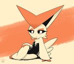  absurd_res anthro anthrofied black_sclera breasts butt clothed clothing female fur half-closed_eyes hi_res latiar legendary_pok&eacute;mon looking_at_viewer lying nintendo on_side open_mouth orange_fur pok&eacute;mon pok&eacute;mon_(species) pok&eacute;morph signature solo tan_fur text tongue victini video_games white_eyes 