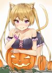  :q animal_ears arm_rest armband bangs bare_shoulders bent_over black_dress blonde_hair blush cat_ears cat_girl cat_tail closed_mouth collarbone commentary_request dress eyebrows_visible_through_hair frilled_dress frills highres index_finger_raised jack-o'-lantern kneeling long_hair looking_at_viewer original plant pumpkin purple_eyes racchi. simple_background smile solo tail tongue tongue_out tsurime twintails very_long_hair vines white_background wrist_cuffs 