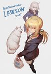  ahoge artoria_pendragon_(all) bag bangs black_footwear black_jacket blonde_hair boots coat commentary_request dog eyebrows_visible_through_hair fate/grand_order fate_(series) fur_trim grey_background grey_hair hair_between_eyes hand_on_hip highres holding holding_bag jacket jeanne_d'arc_(alter)_(fate) jeanne_d'arc_(fate)_(all) knee_boots lack lawson long_hair looking_at_viewer multiple_girls ponytail saber_alter short_hair simple_background standing wicked_dragon_witch_ver._shinjuku_1999 yellow_eyes 