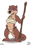  anthro bandage breasts brown_fur chest_wraps claws cleavage clothed clothing female fur grin kari_(monohors3) mammal midriff monohors3 mustelid navel otter panties purple_eyes simple_background smile solo staff standing underwear whiskers white_background wraps 