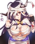  antenna_hair bandages black_gloves black_hair blood bloody_clothes blush breasts commentary_request danua draph etan14 fingerless_gloves gloves granblue_fantasy hair_between_eyes halloween_costume highres horn_ornament horns large_breasts long_hair looking_at_viewer mummy parted_lips pointy_ears red_eyes solo upper_body 