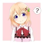  ? bangs blush bow bowtie breasts buttons closed_mouth collared_shirt eyebrows_visible_through_hair gochuumon_wa_usagi_desu_ka? hair_between_eyes hair_ornament hairclip head_tilt hoto_cocoa looking_at_viewer lunatic. orange_hair pink_background pink_vest purple_eyes red_neckwear shirt short_hair small_breasts smile solo speech_bubble spoken_question_mark upper_body vest wing_collar 