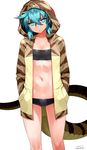  aqua_eyes aqua_hair bangs breasts commentary_request crossed_bangs dated eyebrows_visible_through_hair frown glowing hair_between_eyes hands_in_pockets happa_(cloverppd) head_tilt highres hood hood_up hoodie kemono_friends long_sleeves looking_at_viewer navel no_pants open_clothes open_hoodie signature simple_background slit_pupils small_breasts snake_tail solo stomach strapless striped_hoodie tail tsuchinoko_(kemono_friends) tubetop white_background 