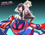  2girls backpack bag black_hair blonde_hair highres ishiyumi mecha multiple_girls one_eye_closed peni_parker school_uniform short_hair sitting sp//dr spider-gwen spider-man:_into_the_spider-verse v_over_eye 