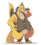 5_fingers anthro belly big_belly blue_eyes bluewhale127 bottomless burger button_(disambiguation) button_(fastener) claws clothed clothing dragon facial_hair food goatee hair horn kemono long_hair male overweight purple_hair scalie shirt solo sweat wings yellow_skin 