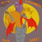  anthro balls butt canine capcom condom costume darkstalkers fox foxtrap girly glass green_eyes hair halloween holding_(disambiguation) holidays kichi lilith long_hair long_tail male mammal moon nails presenting purple_hair smile solo video_games wings 