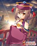 alcohol breasts bridge brown_hair china_dress chinese_clothes cleavage copyright_name cup dress hair_bun hat koihime_musou long_hair medium_breasts monocle mountain official_art open_mouth outdoors pochadon rivers ryomou sakazuki sake sleeves_past_wrists smile solo sunset upper_body water 