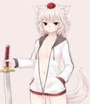  alternate_costume animal_ears bangs bottomless breasts closed_mouth cowboy_shot eyebrows_visible_through_hair hand_in_pocket hat holding holding_sword holding_weapon hood hoodie inubashiri_momiji long_sleeves looking_at_viewer medium_breasts miyo_(ranthath) naked_hoodie navel no_bra no_pants pocket red_eyes short_hair simple_background solo sword tail tokin_hat touhou weapon white_hair wolf_ears wolf_tail zipper_pull_tab 