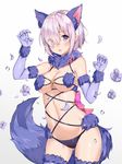  :o animal_ears ass_visible_through_thighs bare_shoulders blush bow breasts claw_pose cleavage contrapposto cowboy_shot dangerous_beast detached_collar elbow_gloves eyebrows_visible_through_hair eyes_visible_through_hair fate/grand_order fate_(series) flower fur-trimmed_gloves fur-trimmed_legwear fur_collar fur_trim gloves hair_flower hair_ornament hair_over_one_eye hands_up legs_apart looking_at_viewer mash_kyrielight medium_breasts navel noboru_(kamine204136) open_mouth petals pink_bow pink_hair purple_gloves revealing_clothes shiny shiny_hair short_hair solo standing stomach tail wolf_ears wolf_tail 