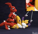  2017 3d_(artwork) bacn bdsm blush bondage bound breasts canine chain chest_tuft digimon digital_media_(artwork) duo erection female forced guilmon knot male male/female mammal nipples nude open_mouth penis pussy questionable_consent rape renamon scalie simple_background spread_legs spreading tuft 