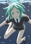  afloat air_bubble androgynous bangs black_footwear black_shirt black_shorts bubble collared_shirt commentary_request gem_uniform_(houseki_no_kuni) green_eyes green_hair houseki_no_kuni looking_at_viewer no_socks parted_bangs parted_lips phosphophyllite shirt short_shorts short_sleeves shorts signature solo submerged umiroku underwater white_shirt wing_collar 