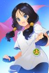  1girl badge black_hair blue_eyes clenched_hands dragon_ball dragonball_z fingerless_gloves gloves happy libeuo_(liveolivel) long_hair looking_at_viewer open_mouth shirt short_sleeves simple_background smile solo twintails videl white_shirt 
