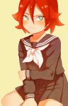  1boy black_serafuku black_skirt blush crossdressing green_eyes hair_between_eyes hykchiba inazuma_eleven inazuma_eleven_(series) kiyama_tatsuya looking_at_viewer neckerchief otoko_no_ko pleated_skirt red_hair sailor_collar school_uniform serafuku simple_background skirt solo sweatdrop yellow_background 