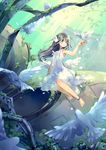  anklet bangs bare_arms bare_shoulders barefoot bird black_hair blue_eyes blush branch closed_mouth commentary_request dappled_sunlight day dress jewelry kuga_tsukasa long_hair looking_at_viewer original outdoors ruins science_fiction sitting sundress sunlight 