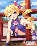  ;d blonde_hair breasts character_request cleavage copyright_name curly_hair drill_hair koihime_musou leaning_forward long_hair medium_breasts navel official_art one_eye_closed open_clothes open_mouth open_shirt pochadon purple_eyes ribbon shirt shorts side_drill side_ponytail sleeveless sleeveless_shirt smile solo soujin_(koihime_musou) wrist_cuffs 