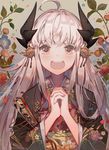  :d ahoge commentary_request fan fate/grand_order fate_(series) flower hands_clasped horns japanese_clothes kawacy kimono kiyohime_(fate/grand_order) open_mouth own_hands_together smile solo upper_body white_hair yellow_eyes 