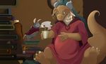  anthro belly beverage blue:eyes bluewhale127 claws clock clothing dragon duo green_hair hair happy horn long_hair mammal mouse robe rodent scalie sitting size_difference smile tea 