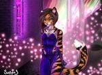  2017 alex_marx almos-tiroshi anthro bra breasts clothed clothing dress feline female fluffy fluffy_tail front_view fur green_eyes hair hi_res jewelry looking_at_viewer mammal midriff multicolored_fur necklace orange_fur paws pose slit-dress solo standing striped_fur stripes tattoo tiger tuft two_tone_fur underwear 