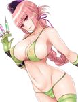  bare_shoulders between_fingers bikini braid breasts cameltoe cleavage cocq_taichou commentary covered_nipples elbow_gloves fate/grand_order fate_(series) florence_nightingale_(fate/grand_order) gloves green_bikini green_gloves green_legwear hair_ribbon halterneck hat large_breasts lips long_hair navel nipples nurse_cap parted_lips pink_eyes pink_hair puffy_nipples ribbon see-through shiny shiny_hair sideboob simple_background single_braid single_thighhigh skindentation solo sweat swimsuit syringe thighhighs trick_or_treatment white_background 