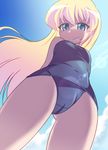  arms_behind_back blonde_hair blue_eyes cameltoe cloud cloudy_sky commentary_request day from_below grin laika_(pixiv) lens_flare long_hair looking_at_viewer looking_down one-piece_swimsuit pani_poni_dash! rebecca_miyamoto school_swimsuit sky smile solo swimsuit teeth 