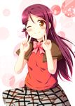  10s 1girl blush brown_eyes dress long_hair looking_at_viewer love_live! love_live!_sunshine!! maroon_hair one_eye_closed ribbon sakurauchi_riko smile solo standing wink 