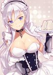  arm_guards azur_lane belfast_(azur_lane) braid breasts chain cleavage closed_mouth collar collarbone corset dress dutch_angle food french_braid frills holding holding_plate large_breasts lavender_hair long_hair looking_at_viewer maid_headdress plate purple_eyes sandwich shiny shiny_skin smile solo strapless strapless_dress sumomo_(peach-breath) upper_body very_long_hair white_dress 