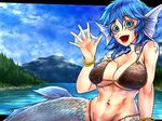  abs bikini bikini_top blue_eyes blue_hair blue_sky bracelet breasts cleavage cloud commentary_request day eyeliner fin_straps fins fish_scales forest groin hair_between_eyes hand_up head_fins highres jewelry large_breasts lipstick makeup mermaid monster_girl mountain nature navel navel_piercing open_hand open_mouth piercing ryuuichi_(f_dragon) scales shell shell_bikini sidelocks sky smile solo swimsuit toned touhou tree wakasagihime waving webbed_hands 
