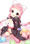  bewear black_eyes black_panties breasts bun_cover double_bun gen_7_pokemon gloves highres kneeling kuro_guren large_breasts long_hair looking_at_viewer midriff open_mouth panties paw_gloves paws personification pink_hair pink_legwear pokemon smile stuffed_animal stuffed_toy teddy_bear thighhighs underwear 