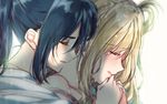  black_hair blonde_hair blue_hair closed_eyes commentary_request crying hair_rings hug hug_from_behind long_hair love_live! love_live!_sunshine!! matsuura_kanan mizukikushou multiple_girls ohara_mari ponytail sad smile tears yuri 