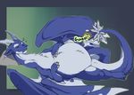  2017 belly blue_fur bulge caeruleus claws comic digestion dragon eating english_text eskaria145 feathers feral fluffy food forced fur furred_dragon hi_res horn hungry lothar male multicolored_fur oral_vore scalie size_difference sleeping text vore white_fur 