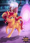  2017 cutie_mark dennyvixen detailed_background digital_media_(artwork) equestria_girls equine female feral green_eyes hair hooves horn mammal my_little_pony open_mouth red_hair smile solo sunset_shimmer_(eg) teeth tongue unicorn 