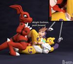  2017 3d_(artwork) assisted_sex bacn bdsm blush bondage bound breasts canine chain chest_tuft clothed clothing dialogue digimon digital_media_(artwork) duo erection female forced guilmon hair human knot male male/female mammal nipples nude open_mouth penis pussy questionable_consent rape renamon rika_nonaka scalie simple_background spread_legs spreading text tuft 