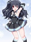  arm_up armpits bare_shoulders black_hair blush hair_ornament kagerou_(kers) long_hair looking_at_viewer neptune_(series) red_eyes solo two_side_up uni_(choujigen_game_neptune) 