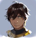  armor bangs brown_hair closed_mouth dark_skin dark_skinned_male earrings face fate/grand_order fate/prototype fate/prototype:_fragments_of_blue_and_silver fate_(series) gorget grey_background hair_between_eyes idk-kun jewelry looking_to_the_side male_focus ozymandias_(fate) portrait simple_background solo yellow_eyes 