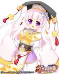  character_request copyright_name hat japanese_clothes kimono koihime_musou long_hair obi official_art open_mouth pink_hair pink_kimono pochadon purple_eyes ribbon sash sleeves_past_wrists smile solo 