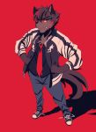  anthro canid canine canis cigarette clothed clothing eyewear footwear glasses hands_on_hips looking_at_viewer male mammal necktie red_background shoes simple_background smile solo soraa standing wolf 