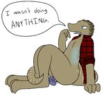  2015 3_toes 4_fingers ambiguous_gender ambiguous_penetration arm_support back_markings bottomless caught clothed clothing digitigrade dildo english_text flannel flat_chested grey_eyes humor kobold markings masturbation openmouth partially_clothed penetration plaid scalie sex_toy shirt simple_background sitting snout solo tail_markings tan_body teeth text toes trout_(artist) trout_(character) white_background 