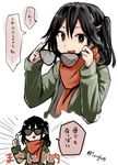  alternate_costume brown_eyes brown_hair brown_vest coat commentary green_coat hair_between_eyes hair_ornament holding holding_eyewear kantai_collection looking_at_viewer masa_ni night_battle_idiot open_mouth orange_scarf scarf sendai_(kantai_collection) smile solo sunglasses terrajin thumbs_up translated twitter_username two_side_up vest 