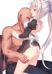  1girl 9a-91_(girls_frontline) blue_eyes blush chair girls_frontline golotan grey_hair hair_ornament hetero maid maid_headdress panties panty_pull ponytail shirtless underwear 