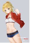  artist_name belt blonde_hair blue_shorts blush bra breasts character_name cleavage collarbone copyright_name cowboy_shot cutoffs denim denim_shorts dutch_angle eyebrows_visible_through_hair fate/apocrypha fate_(series) green_eyes grey_background grin groin hair_ornament hair_scrunchie hand_on_hip high_ponytail highres jewelry medium_breasts midriff mordred_(fate) mordred_(fate)_(all) navel necklace red_scrunchie scrunchie shiny shiny_skin short_shorts shorts sidelocks signature smile solo standing stomach strapless strapless_bra torn_clothes torn_shorts underwear warashi white_bra 