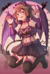  absurdres bare_shoulders bat_wings black_legwear blue_eyes blush breasts brown_hair choker claw_pose collarbone crop_top fang fishnet_legwear fishnets halloween halloween_costume heart heart-shaped_pupils heart_necklace highres horns idolmaster idolmaster_million_live! idolmaster_million_live!_theater_days keffiy kneeling looking_at_viewer medium_breasts midriff navel open_mouth ponytail satake_minako silk smile solo spider_web symbol-shaped_pupils thighhighs wings 