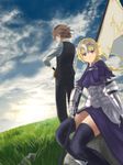  armored_dress banner black_dress black_pants blonde_hair braid breasts brown_hair buku commentary_request dress fate/apocrypha fate_(series) floating_hair formal gauntlets hair_ribbon highres holding holding_sword holding_weapon jeanne_d'arc_(fate) jeanne_d'arc_(fate)_(all) long_hair looking_at_viewer outdoors pants purple_eyes purple_legwear ribbon sheath shirt sieg_(fate/apocrypha) single_braid sitting sword thighhighs unsheathing very_long_hair weapon white_shirt 