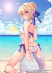  ahoge artoria_pendragon_(all) artoria_pendragon_(swimsuit_archer) ass back ball bangs bare_arms bare_legs bare_shoulders beach beachball bikini blonde_hair blue_bow blue_sky blush bow breasts butt_crack closed_mouth cloud day eyebrows_visible_through_hair fate/grand_order fate_(series) green_eyes hair_bow hair_ribbon holding horizon light_rays looking_at_viewer obiwan ocean outdoors ribbon sandals short_hair side-tie_bikini sidelocks skindentation sky small_breasts smile solo sun sunbeam sunlight swimsuit thighs water water_gun 