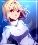  arcueid_brunestud bangs blonde_hair blush breasts eyebrows_visible_through_hair hair_between_eyes long_sleeves looking_at_viewer medium_breasts moon red_eyes short_hair smile solo speckticuls sweater tsukihime turtleneck turtleneck_sweater upper_body white_sweater 