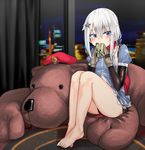  9a-91_(girls_frontline) beret black_panties blue_eyes curtains girls_frontline gloves grey_hair hair_ornament hat laser_sight night night_sky niminimisan panties red_scarf scarf sky stuffed_animal stuffed_toy teddy_bear underwear 