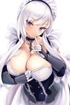  azur_lane bare_shoulders belfast_(azur_lane) black_corset black_gloves blush breasts chain choker cleavage collarbone commentary_request corset dress elbow_gloves eyebrows_visible_through_hair finger_to_mouth focused from_above gauntlets gloves highres kure_masahiro large_breasts long_hair looking_at_viewer maid_headdress purple_eyes simple_background solo white_background white_dress white_gloves white_hair 