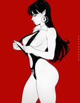  areola_slip areolae artist_name black_hair breasts closed_eyes cowboy_shot dandon_fuga earrings jewelry large_breasts lips long_hair pointy_ears profile red_background simple_background slingshot_swimsuit solo standing swimsuit vampirella vampirella_(character) 