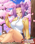  alcohol belt breasts cardigan cherry_blossoms chouryou_(shia) closed_eyes copyright_name cup day denim denim_shorts folded_ponytail gourd hair_intakes jewelry koihime_musou large_breasts long_hair necklace official_art open_mouth outdoors petals pochadon purple_hair sakazuki sake shirt short_shorts shorts sitting smile solo tree white_shirt 