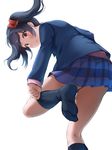  adjusting_clothes adjusting_legwear ass black_hair black_jacket black_legwear blue_skirt bow floating_hair from_behind from_below hair_bow highres hitotsuki_no_yagi jacket long_hair looking_at_viewer looking_back love_live! love_live!_school_idol_project miniskirt pleated_skirt red_bow red_eyes simple_background skirt solo standing standing_on_one_leg twintails white_background yazawa_nico 